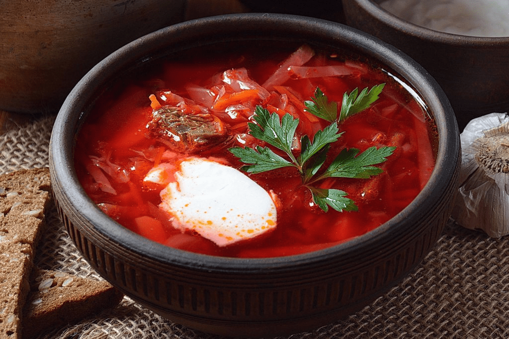 Аппетитная тарелка красного борща со сметаной и зеленью